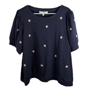 NWT Chelsea & Theodore Navy Blue Rose Embroidered Top Puff Short Sleeve 3X Pink